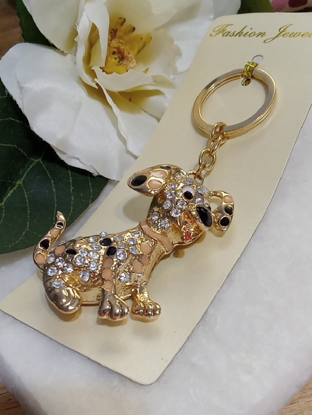 Dog Keychain Charm – Gold With Clear And Black Crystal Puppy Fashion Jewerly